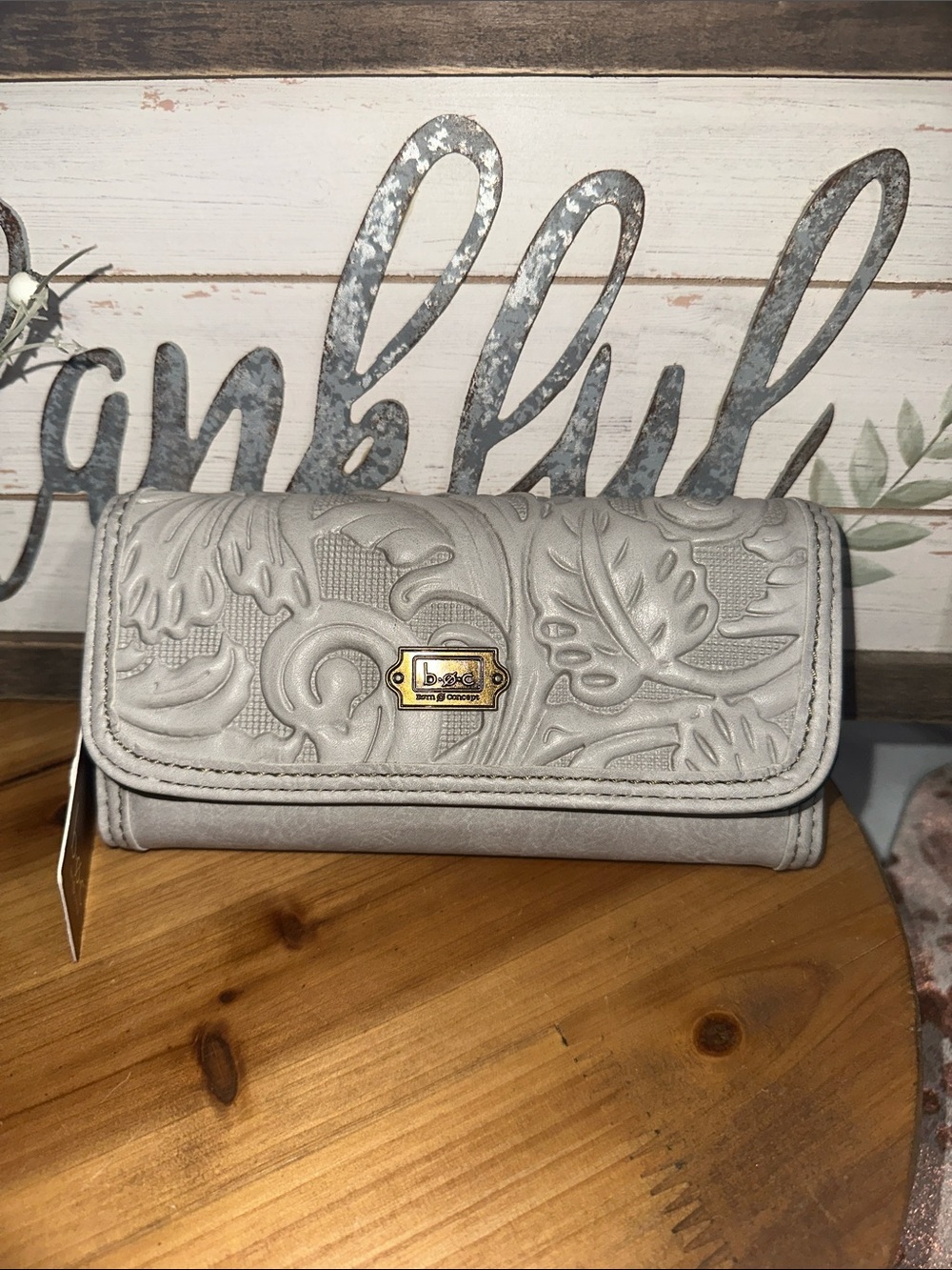 NWT Born Concepts Dooney & Embossed Leaf Trifold Wallet in Light Gray